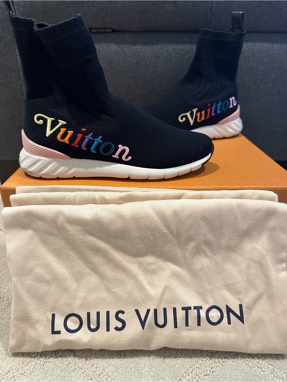 Louis Vuitton Black Sock Sneakers with Multicolor Logo and Pink Heel